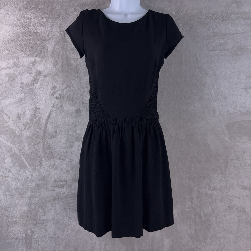 Maje Dress Womens Size 1 Black Short‎ Sleeve Smocked Waist Fit Flare Designer